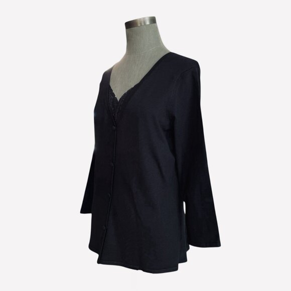 Geoffrey Beene Black Silk Stretch V-Neck Sweater Lace Trim Button Front Top M - Picture 2 of 6